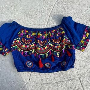 NJ COUTURE Handbeaded Shirt Womens Medium Royal Blue Cropped Baloon Sleeve